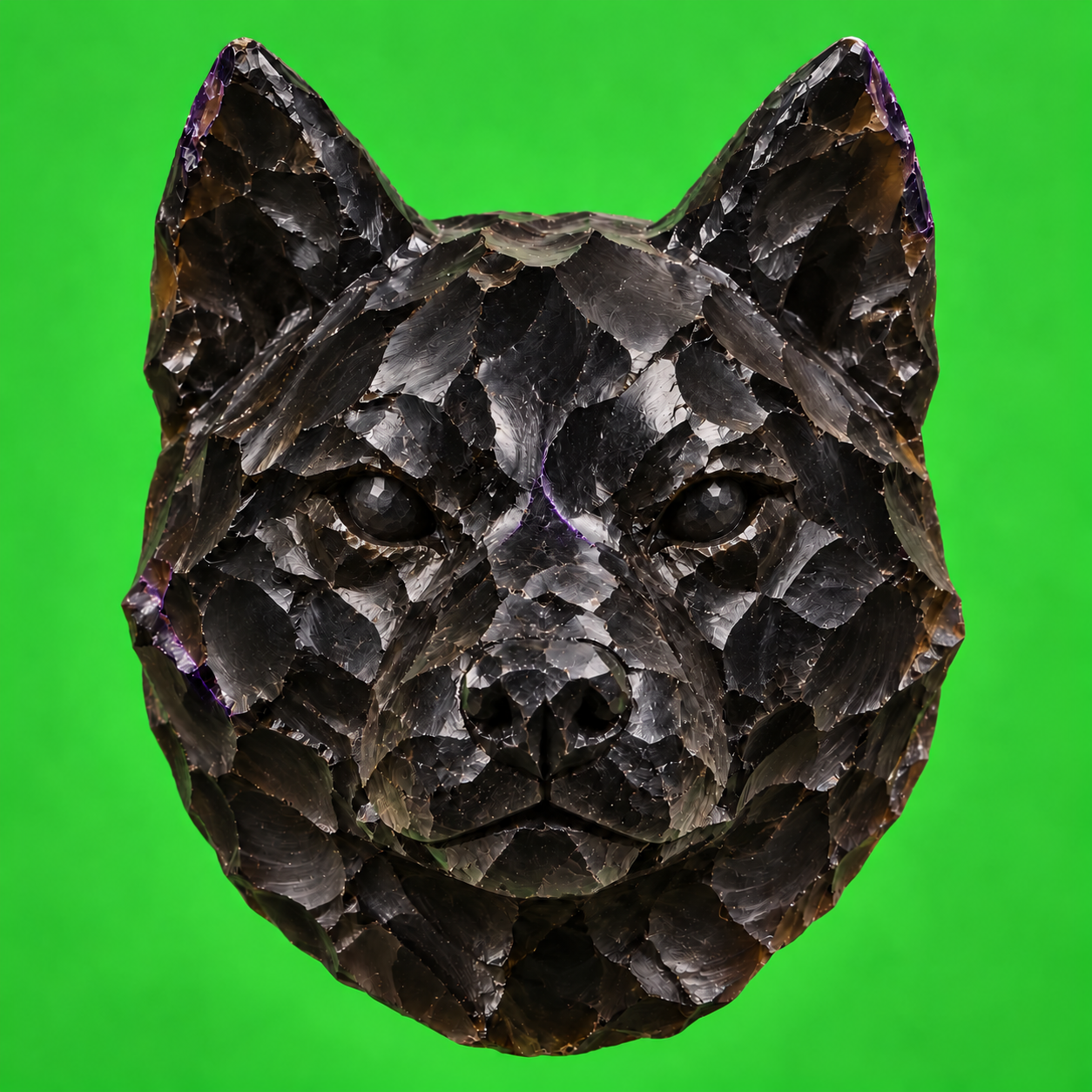 A black obsidian Inu head, with chipped glassy surfaces and a faint violet tint.